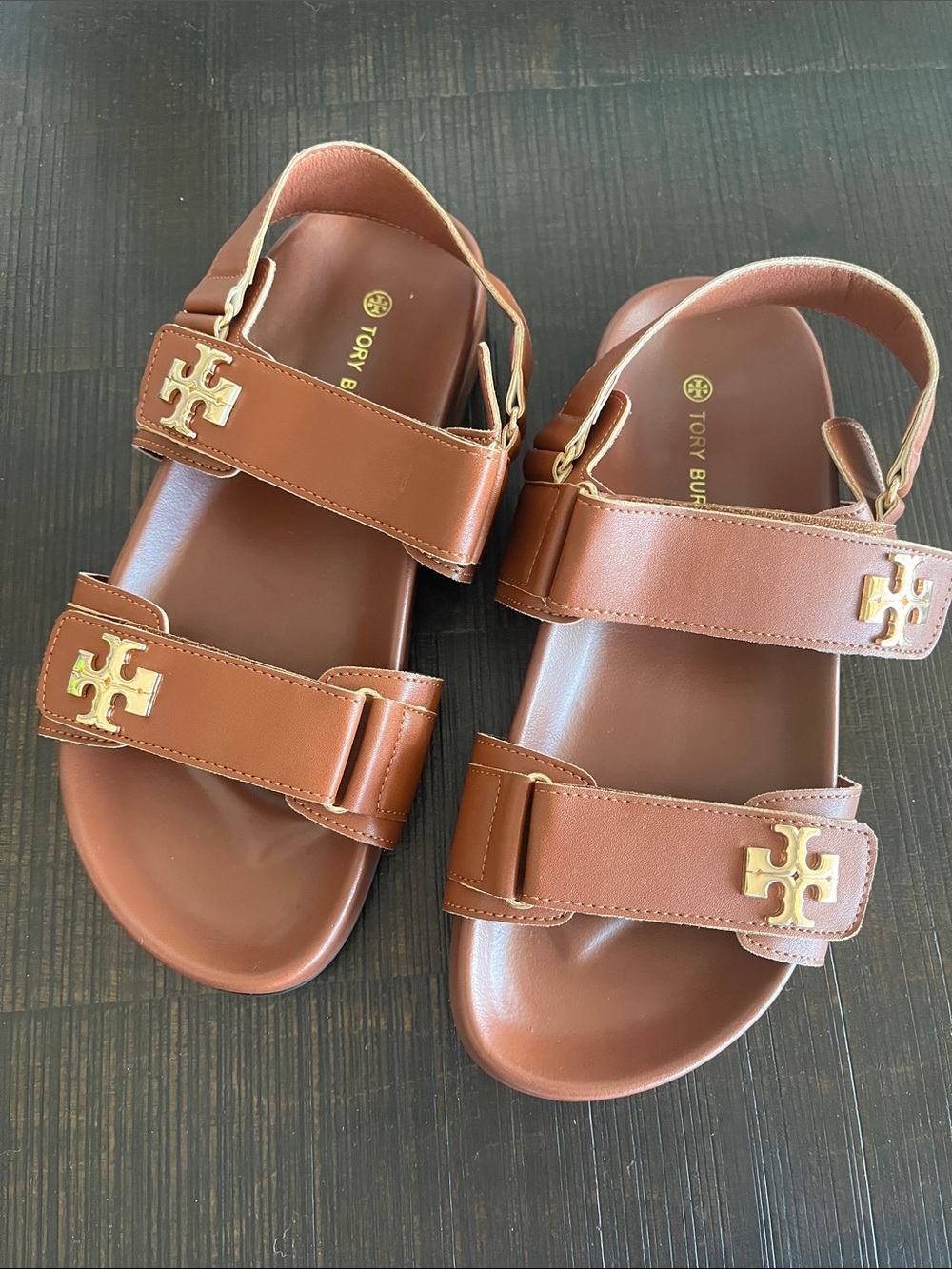 Tory Burch Brown Leather Double-Strap Logo Sandals